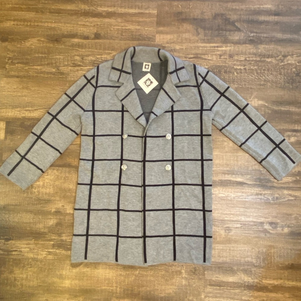 Anne Klein Tunic Open Cardigan Sweater Women's Size M Gray Black Stripe NWT‎